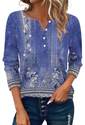 Generisch Tshirt Damen, Blusen & Tuniken Für Damen, Langarm Tshirt Rundhals Mit Knopfleiste Oberteile Sommer Elegant Lässige Langarmshirt Tunika Pullover Sportshirt Locker
