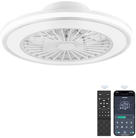 ZMISHIBO Ventilateur de plafond silencieux avec lumière 49,5 cm, sans pales, LED 32 W + moteur DC 16 W, 6 vitesses, 3 couleurs, APP & télécommande, minuterie, lampe ventilateur plafond blanche