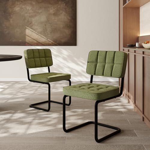 Modern Cantilevered Green Dining Chairs, Set of 2, Mid Century Side Dinner Chair, Armless Backrest, Upholstered Seat, Metal Base, Industrial for Kitchen/Restaurant/Living Room/Cafeteria, Olive