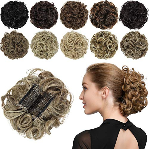 PARXITN Chignon Haarteil Gelockt Dutt Scrunchie Haarverlängerung Synthetische Hochsteckfrisur Kämme in unordentlichem Dutt Haarteil für Frauen Hellbraun & Bleichweißblond Gemischt