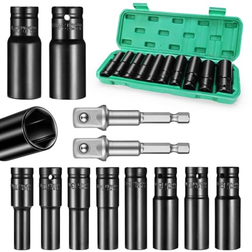 1/2 Drive Deep Impact Socket Set, 10-Piece Metric 10-24mm, Cr-V Steel Heavy Duty Impact Sockets for Electric Wrench & Ratchet (Black Finish)