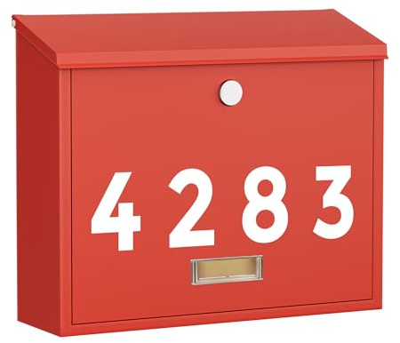 LAND·VOI Locking Wall-Mount Mailbox for Outside, with 4 Keys, Galvanized Steel Rustproof Metal Postbox, 4 Dx13.8 Wx11.2 H, Includes 3 Sets of Mailbox Numbers, Nameplate, Red