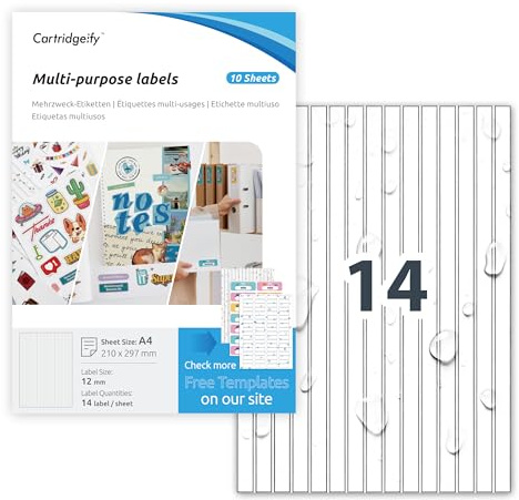 Cartridgeify 10 Blatt A4 Vinyl Etiketten Weiß, 140 vorgestanzte selbstklebende Aufkleber 12 x 297 mm, wasserfestes Stickerpapier für Tintenstrahl- und Laserdrucker, für Küche, Büro, Adresse