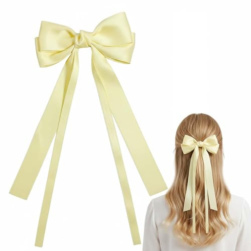 Light Yellow Long Ribbon Bow Hair Clip for Women and Girls, Bow Barrette | Soft smooth fabric, lightweight and comfortable, for daily wear, weddings, parties and school events