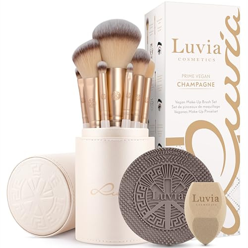 Make-up Pinselset 11-teilig | 8 vegane Schminkpinsel + veganes Leder-Etui, Diamond Beauty Schwamm & Reinigungsmatte | Prime Vegan Champagne | Creme Matt/Gold | LUVIA