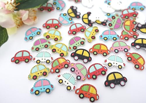 Holzknöpfe – Kinderknöpfe für Jungen – Auto & PKW Motiv – Bunt – 17 × 25 mm – 2‑Loch Design – 6 Stück – Apfelblüte Style & Accessoires