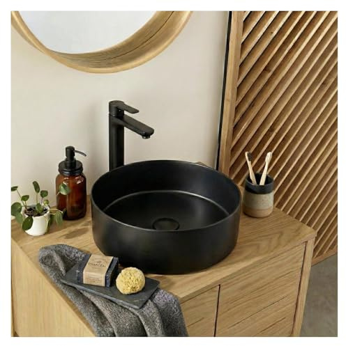 MOB-IN Vasque à Poser Ronde Noire en INOX 36 cm avec sa bonde Assortie