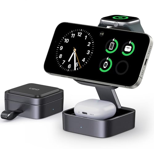 UEQ 3 in 1 Wireless Charging Station for Apple Devices,Compatible with MagSafe,Foldable Fast Travel Magnetic Wireless Charger for iPhone 17 Air 16 15 14 13 12,for Apple Watch and Earbuds