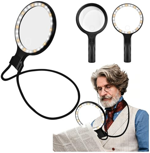 5X 10X Hands Free Magnifying Glass with Light, 3-in-1 Neck Wear Magnifier with 3 Colour LED, Rechargeable Large Magnifying Glass for Reading Books, Sewing & Close Work – for Seniors & Low Vision