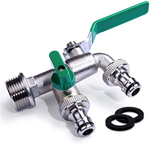 Watergo Premium Doppel Auslaufhahn 1/2 Zoll Grün/Doppelwasserhahn Aus Messing Mit 2X 3/4 Zoll Ausgang + E-Book/Rost- Und Frostsicherer Außenwasserhahn Für Garten, Haushalt & Industrie