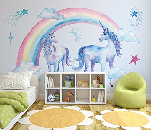 Keshj Kinderzimmer Hintergrund 3D Wallpaper Wandbilder Niedlich Schönen Regenbogen Einhorn Tapete Wohnzimmer-200Cmx140Cm
