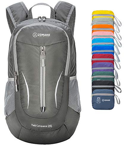 ZOMAKE Ultraleicht Faltbarer Rucksack - Packbare Backpacks 25L,Kleiner Faltbar Rucksäcke Wanderrucksack Wasserdicht für Damen Herren Outdoor Wandern(Dunkelgrau)