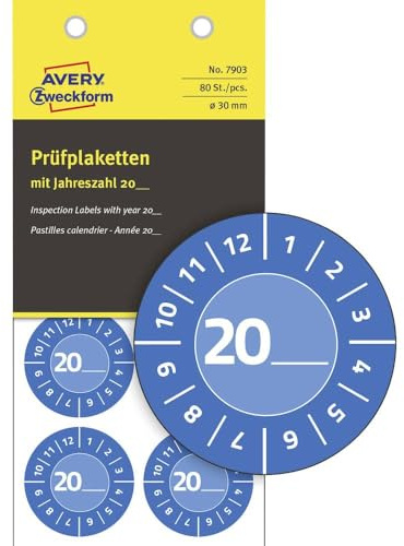 AVERY Zweckform 80 Stück Prüfplaketten 20xx (mit Jahreszahl zum selber eintragen, widerstandsfähig, stark selbstklebend, Ø30 mm, Prüfaufkleber, beschriftbare Prüfsiegel aus Vinyl-Klebefolie) 7903 blau