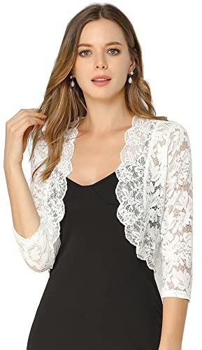 Allegra K Women's Lace Sheer Shrug Elegant 3/4 Sleeve Bolero Floral Shrug White 16