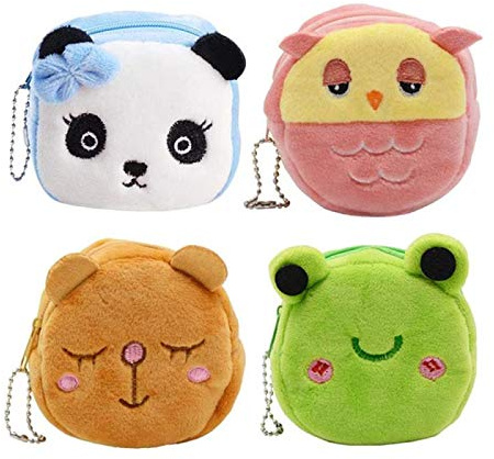 4Pcs Cute Plush Coin Purse Cartoon Animals Coin Pouch Bag Coin Tray Wallet Key Holder Clutch Bags Headphones Data Cable Storage Package Gift for Boy and Girls