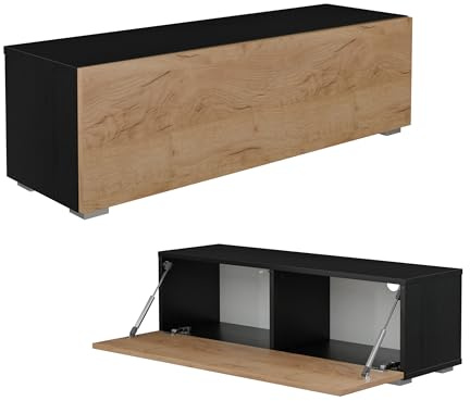 PLATAN ROOM Fernsehschrank TV-Lowboard 105/140 / 160/210 / 280 In Weiß Hängend Oder Stehend Hochglanz Matt (105 x 30 x 32, Schwarz Matt/Eiche Gold)