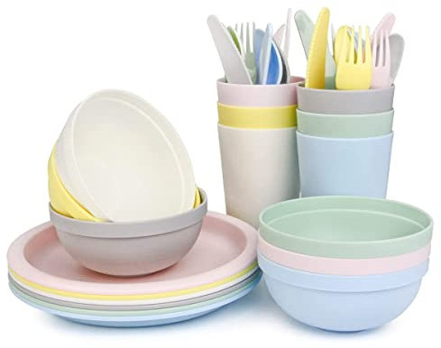 Spesh Lot de 36 Ensemble de Vaisselle Plastique Reutilisable Set Vaisselle Camping 6 Personnes Ensemble Assiette et Couvert pour Pique-Nique(6 Couleurs)