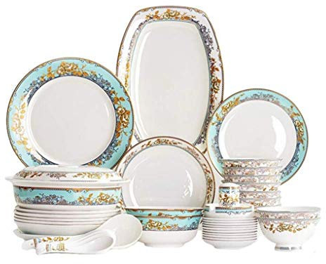 Platos de Cena, vajilla de cerámica, Juegos de vajilla de cerámica de 56 uds, Servicio de combinación de vajilla de Estilo palaciego Europeo Retro para 10 Personas