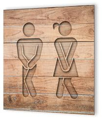 DECOHO - Panneau pictogramme de signalisation · Toilettes Mixtes Humoristique | Texture Bois - Marron