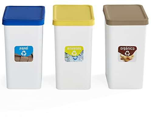 USE FAMILY - Lote 3 Cubos Reciclaje 28L - Reciclaje de Orgánico, Papel y Envases - Pepeleras con Pegatinas de Reciclaje - Apto para Bolsas 30 L - Cubos de Basura Ecológicos de Plástico Reciclable