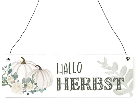 Interluxe Schild Holzschild - Hallo Herbst - weißer Kürbis Baby Boo Pumpkin Herbstzauber Dekoschild Türschild