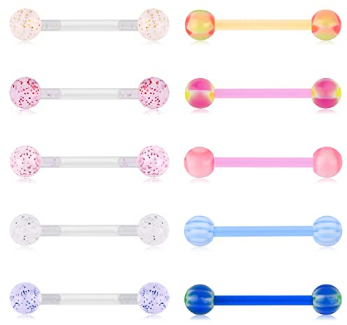 Funseedrr Zungenpiercing Nippelpiercing Brustwarzenpiercing Set Bioflex Kunststoff 12/14/16/18mm Zunge Nippel Piercing Stab Kugeln