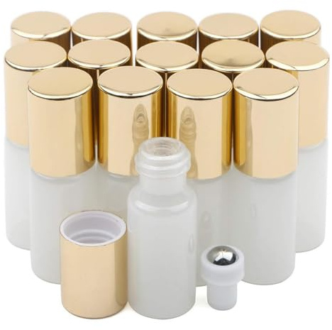 Pxyelec 15 Pack 5ml Glass Roller Bottles for Essential Oils & Perfume - Golden & White Empty Rollerball Bottles, Refillable Roller Ball Applicator, Leak-Proof, Portable Travel Set, Aromatherapy