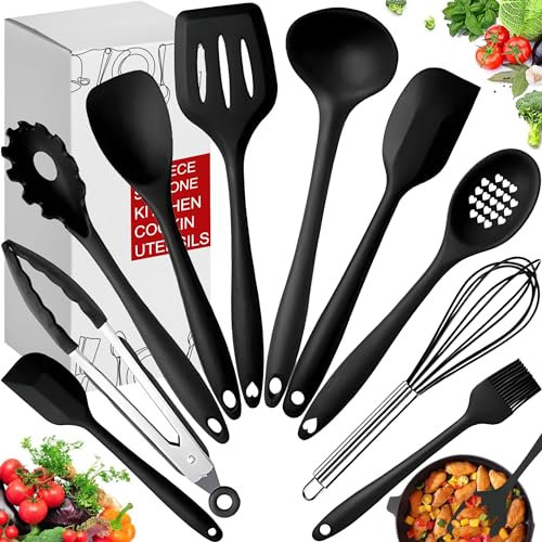Retoo Utensilios de cocina, juego de utensilios de cocina de silicona, juego de cubiertos de cocina de 10 piezas, antiadherentes, prácticos accesorios de cocina: espátulas, cucharas, espátulas