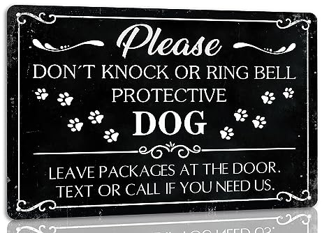 ICRAEZY Please Don't Knock Or Ring Bell Protective Dog Leave Packages at The Door Metal Tin Sign Wall Decor for Front Door Baby Sleeping Retro Tin Sign for Home Porch Farmhouse Decor Gifts 8x12 Inch