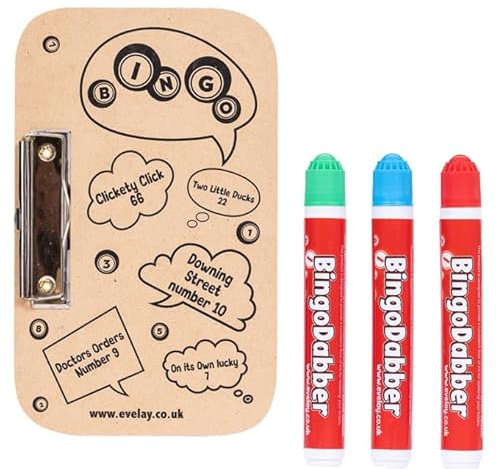evelay Bingo Dabbers und Brett-Set – 3 bunte Dabber und 1 Spielbrett für endlosen Bingo-Spaß