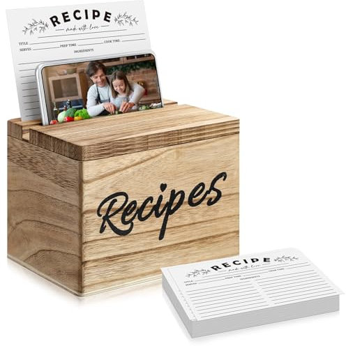 Hoteam Rezeptbox aus Holz mit Karten und rustikalem Holz-Rezeptkartenhalter mit 50 Stück 12,7 x 17,8 cm Rezeptkarten-Set Bauernhaus Rezeptorganisationsbox mit zwei Schlitzen für Telefon Küche