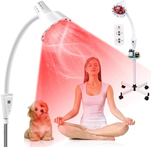 YUNCHI Rotlichtlampe Wärmelampe 275 Watt 230V Haushalt Infrarotlampe mit Fernbedienung, Temperatur und Höhenverstellbar mit Ständer mit 4 beweglichen Universalrädern (Weiß)