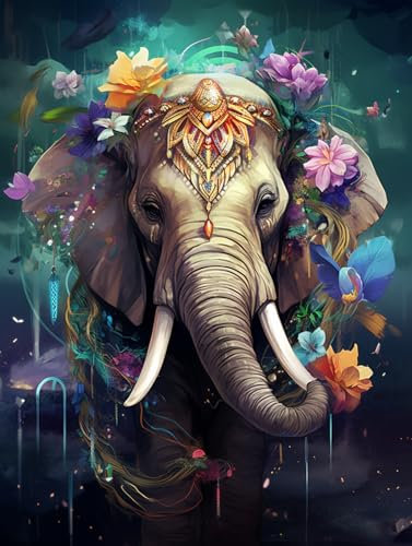 AMBATTERY Knüpfteppich Zum Selber Knüpfen Fantasy Elefanten Und Blumen DIY Latch Hook Teppich Kits Für Kinder, Häkelset Für Anfänger, Teppichherstellung Kits Mit Bedruckter Leinwand 35x46in