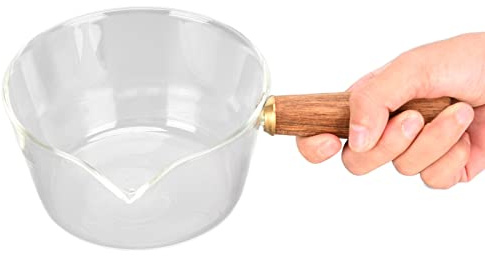 Olla para la leche de cristal con boquilla en V, mango de madera, cacerola para pasta