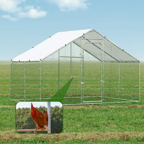 Chicken Coop Large Metal Chicken Run for 10-15 Chickens, Outdoor Walk-in Poultry Cage with Climbing Frame, Waterproof & Anti-UV Cover Secure Lock (9.8' L x 6.56' W x 6.56' H)