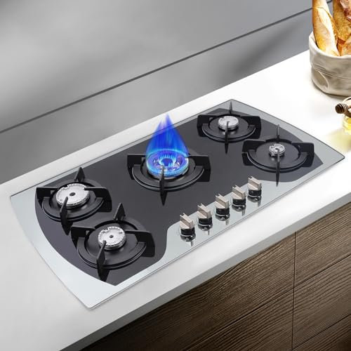 Gaskochfeld 5 Flammig, Einbau Gasherdbrenner 90 cm Edelstahl Eingebauter Herd Kochfeld Glas Brenner, Erdgas/Propangas, für Haushalten oder Restaurants, Schwarz