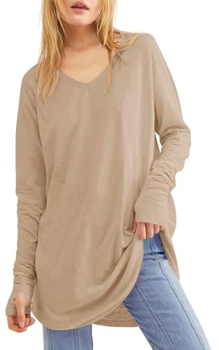 Ebifin, camicia da donna a maniche lunghe, con scollo tondo, basic, bluse, tunica, t-shirt, top., B-kaki., M