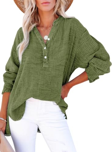 Dokotoo Summer Tops for Womens Button Up Oversized Cotton Blouses Green XXL