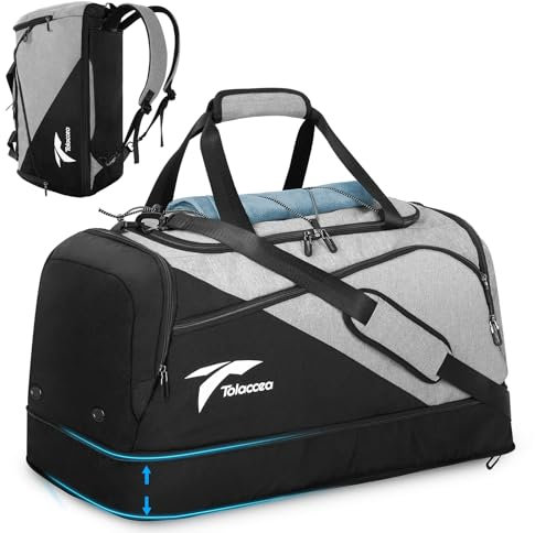 Tolaccea Borsa sportiva da uomo e donna, 54 – 72 l, espandibile, grande con scomparto per scarpe, scomparto bagnato, borsa da viaggio, palestra, viaggi, nuoto, sauna, calcio (grigio), grigio., 54-72L