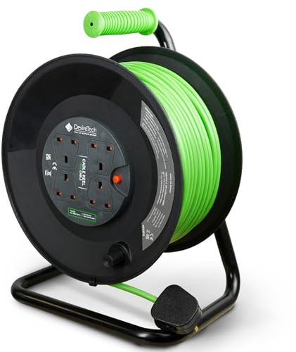 Desiretech 4 Socket Extension Lead 50m, Heavy Duty 4-Way Cable Reel, 13A Thermal Cut-Out, LED Indicator, Extra Long 30–50m Extension Reel, Black & Green, CE & UKCA Certified (50 Metre)