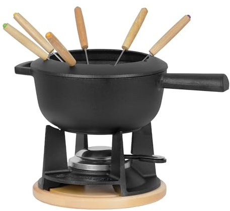 Mahlzeit Kit à fondue en fonte pour 6 personnes | 2 litres | Kit à fondue 13 pièces avec brûleur et fourchettes | Kit à fondue au fromage, kit à fondue à la viande, au chocolat (noir preseasoned)