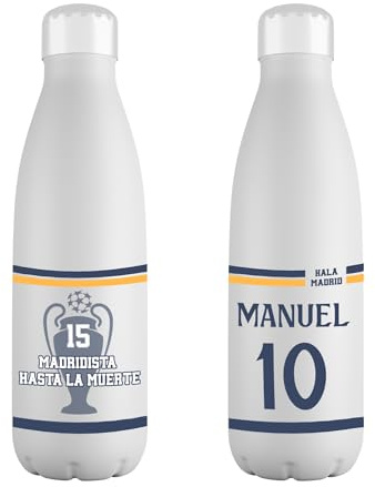 Mookase Botella Personalizada del Real Madrid con Nombre - Botella de Acero Inoxidable de 700ml - Equipos de Futbol - Regalo Original - Niños y Niñas