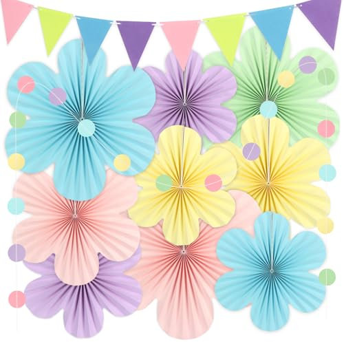 9 Stück Papierblumen zum Aufhängen, Papierfächer Papierblumen Deko mit 2 Stück Zugfahnen, Blumen zum Basteln Gartenparty Deko, Blumen Papier Party Deko für Hochzeit, Geburtstag, Babyshower Backdrop