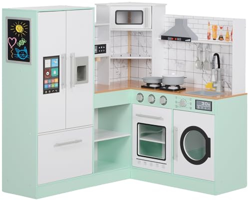 Qaba Corner Pretend Play Kitchen, Kids Toy Kitchen Playset with Chalkboard, Range Hood, Ice Maker, Stove, Refrigerator Microwave, Realistic Sound & Lights, Pots, Gift for Toddlers Ages 3+ Years Old