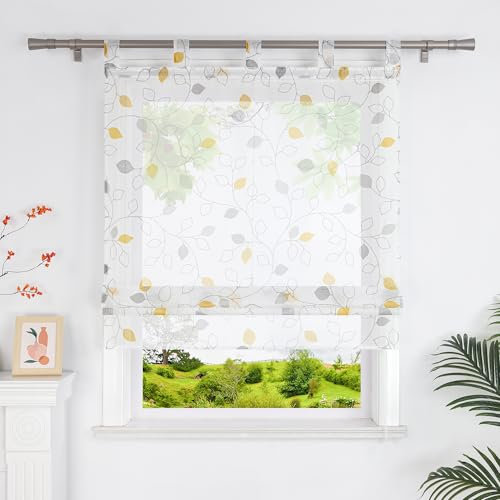 Heichkell Transparente Raffrollos mit Blätter Druck Voile Raffgardine ohne Bohren Landhaus Gardine Raffrollo mit Schlaufen Gelb BxH 100x140 cm