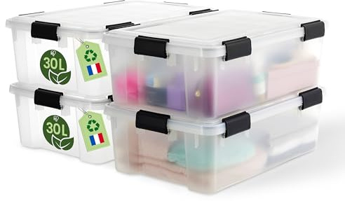 Iris Ohyama Luftdichte Kunststoff-Aufbewahrungsboxen mit Deckel, 30L, 4er-Set, Transparent, Hermetischer wasserdichter Verschluss, Robuste Schnappverschlüsse, Stapelbar, Staubschutz, BPA-frei, WSB-30