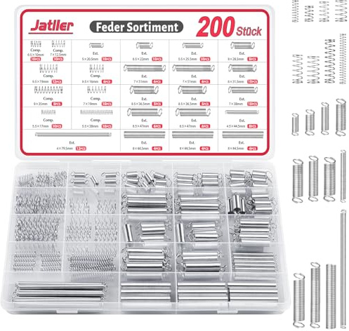 JatilEr Sortiment med 200 dragfjädrar, 20 storlekar, metallfjädrar, spiralfjädrar, kompressionsfjädrar i rostfritt stål, blandade med fjäderlåda, verktygssats