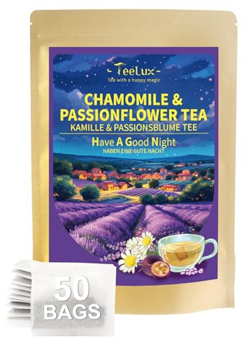 TeeLux Kräutertee mit Kamille Baldrian Lavendel Melisse Passionsblume, Lavendelblüten Tee Beutel 50 Stück, Vegan, Koffeinfrei Kräutertee, haben eine gute Nacht