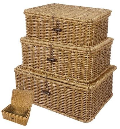 3 Piece Storage Baskets with Lids,rattan basket,small baskets for gifts,Woven Rattan Storage Box,Handmade Organizer Bins, for Home Storage and Decoration, Bathroom, Living Room