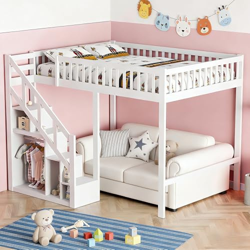 YGHQAP Litera de 140 x 200, cama alta infantil con somier, espacio de almacenamiento, estantería, escalera, cama infantil de madera con armario sencillo, cama alta juvenil, sin colchón, blanco (140